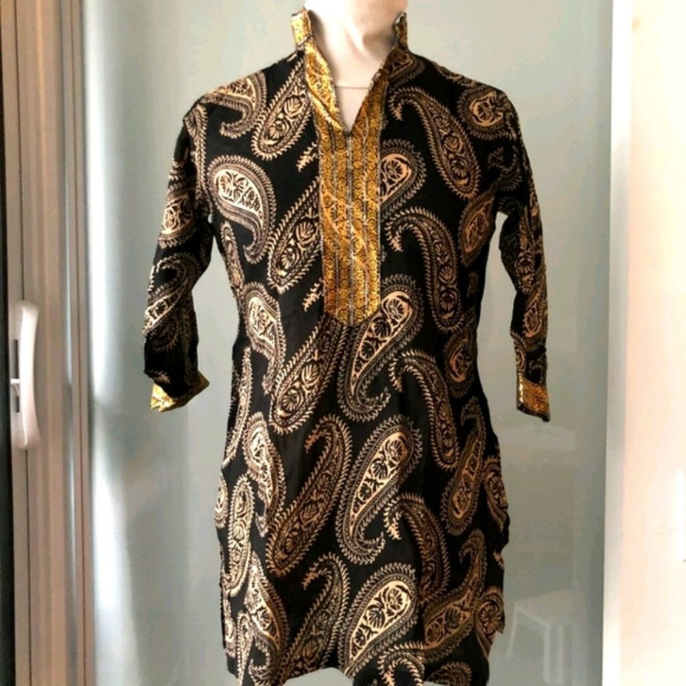 NEW Black Cotton Tunic/Kurta W Gold Neckline - S